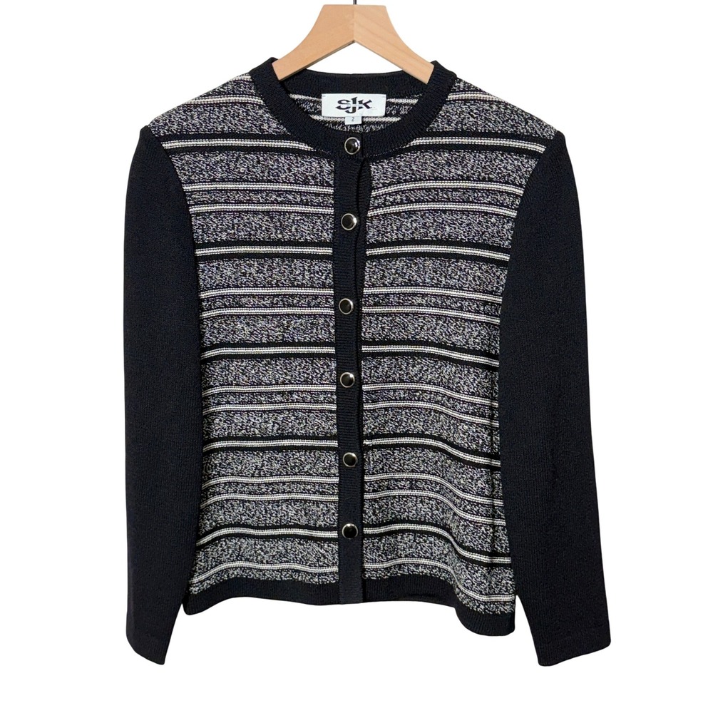 St. John Knit Cardigan‎ Size 2 Womens Black White Striped Button Down Sweater